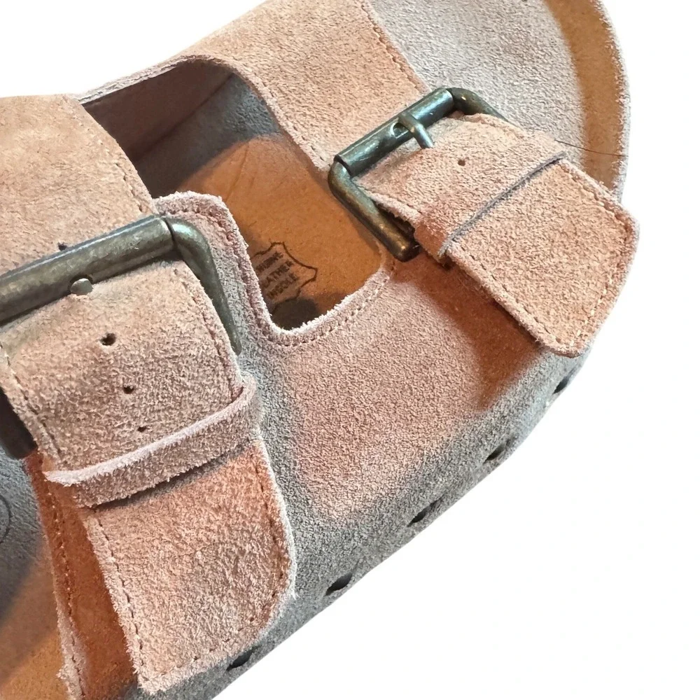 Tan Suede Double Buckle Platform Slide Sandals Brown Chunky Studded Sole 10